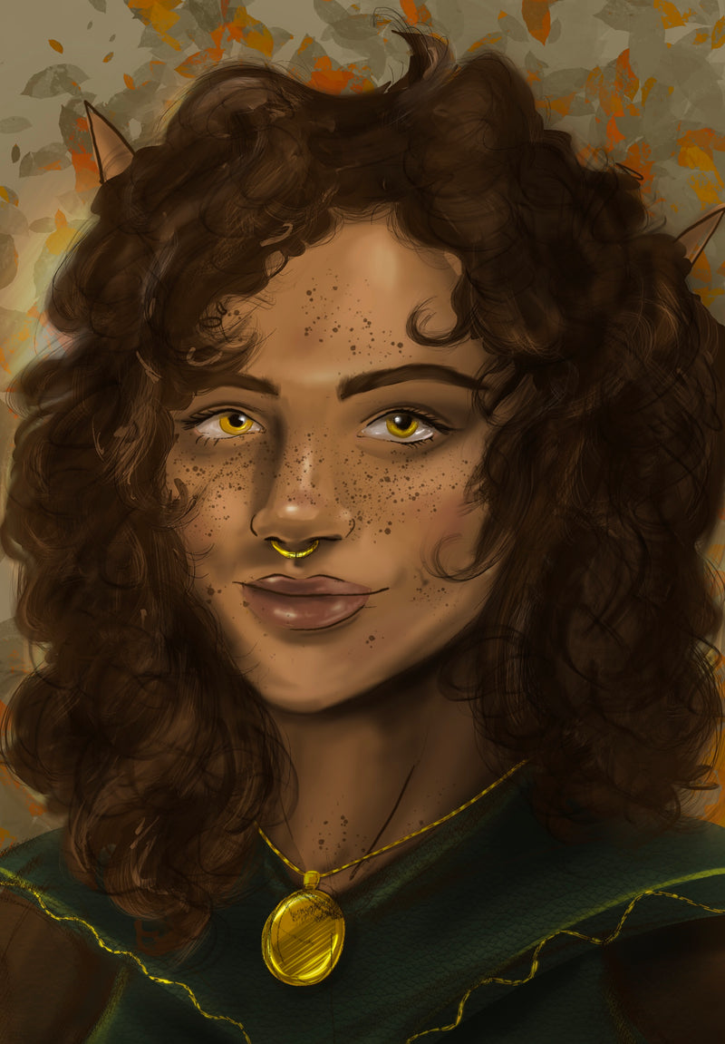 Digital art of a person with long, wavy hair and a gold necklace against a warm-toned background.