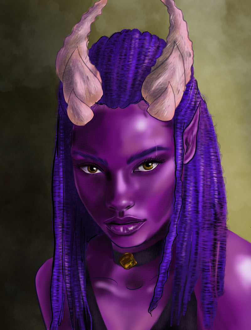 Character with purple skin and horns against a gradient background