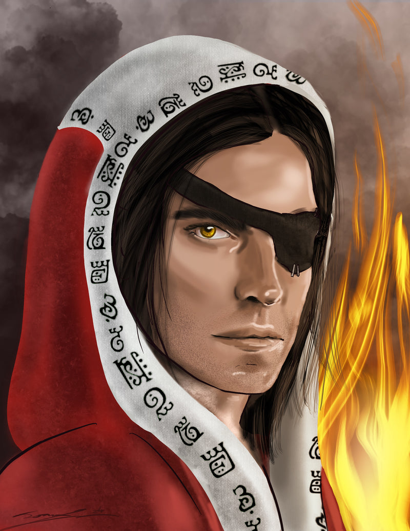 Character in a red outfit with a white hood featuring black symbols, against a dark background with flames.