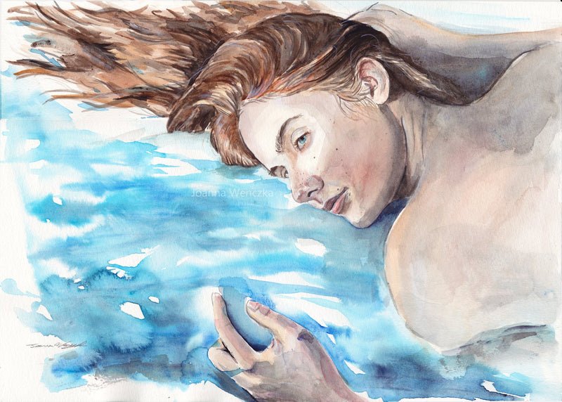 Artistic depiction of a woman with flowing hair and hand submerged in water.