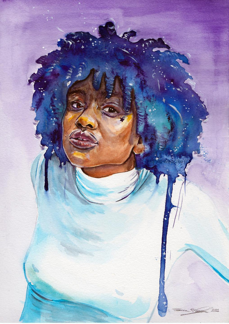 Artistic depiction of a person with blue hair against a purple background